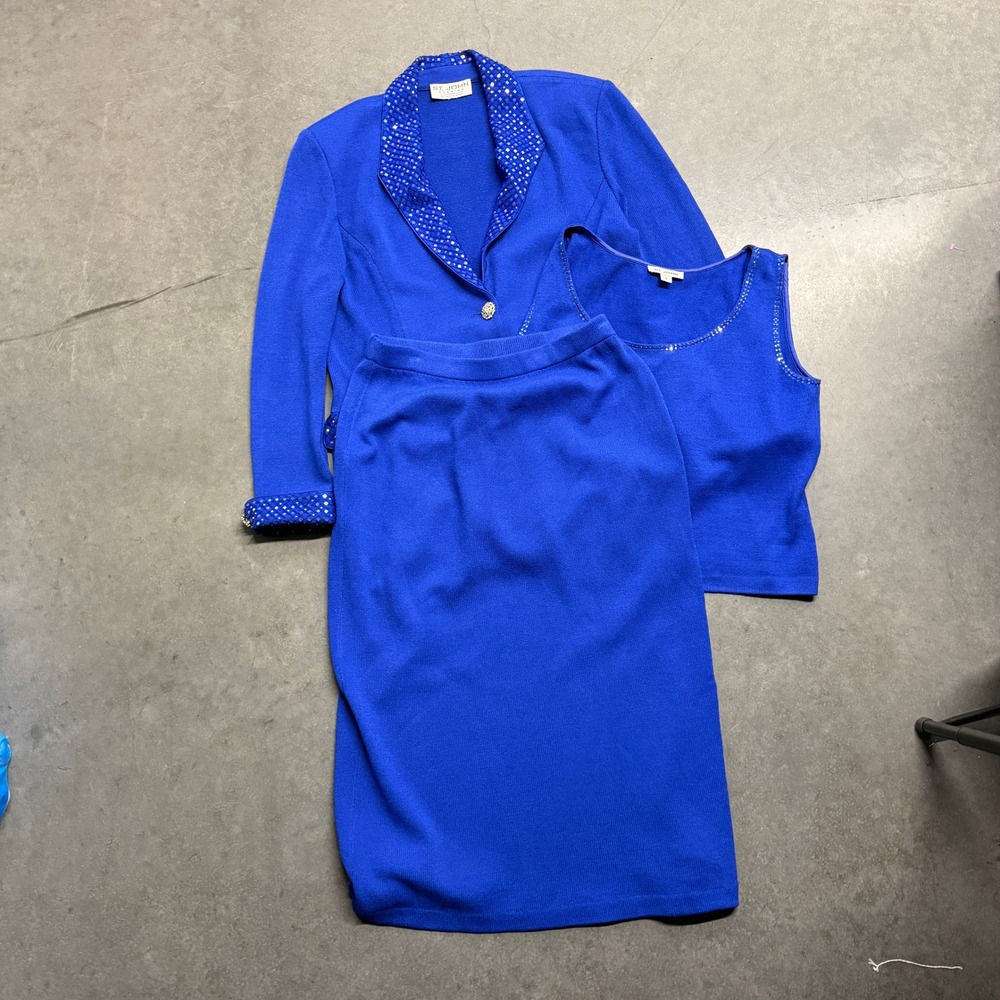 St. John Evening Marie Gray 3pc Knit Skirt Suit Set Royal Blue Sequin Sz 10 12